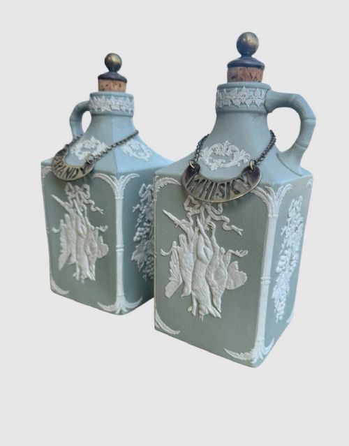 ANTIQUE PAIR 19TH CENTURY JASPER SPIRIT FLAGONS DECANTERS COLLECTIBLE - ADDITIONAL PHOTO 2