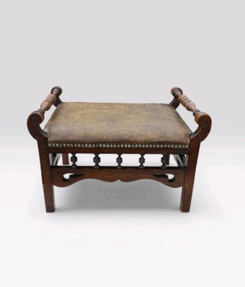 ANTIQUE VICTORIAN OAK STOOL LEATHER UPHOLSTERED SEAT VINTAGE FOOTSTOOL