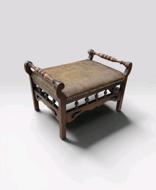 ANTIQUE VICTORIAN OAK STOOL LEATHER UPHOLSTERED SEAT VINTAGE FOOTSTOOL - ADDITIONAL PHOTO 1