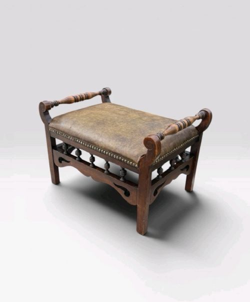 ANTIQUE VICTORIAN OAK STOOL LEATHER UPHOLSTERED SEAT VINTAGE FOOTSTOOL - ADDITIONAL PHOTO 2