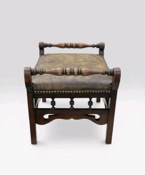 ANTIQUE VICTORIAN OAK STOOL LEATHER UPHOLSTERED SEAT VINTAGE FOOTSTOOL - ADDITIONAL PHOTO 3