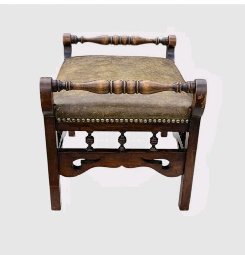ANTIQUE VICTORIAN OAK STOOL LEATHER UPHOLSTERED SEAT VINTAGE FOOTSTOOL - ADDITIONAL PHOTO 4