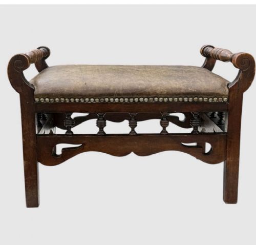 ANTIQUE VICTORIAN OAK STOOL LEATHER UPHOLSTERED SEAT VINTAGE FOOTSTOOL - ADDITIONAL PHOTO 5