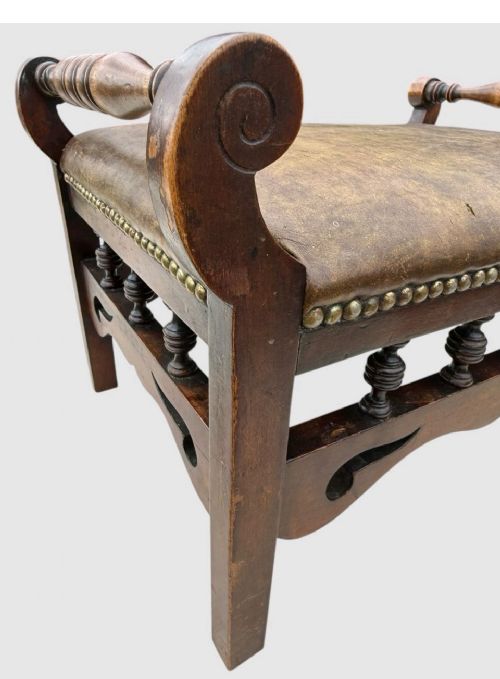 ANTIQUE VICTORIAN OAK STOOL LEATHER UPHOLSTERED SEAT VINTAGE FOOTSTOOL - ADDITIONAL PHOTO 6
