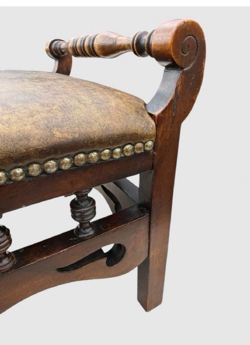 ANTIQUE VICTORIAN OAK STOOL LEATHER UPHOLSTERED SEAT VINTAGE FOOTSTOOL - ADDITIONAL PHOTO 7