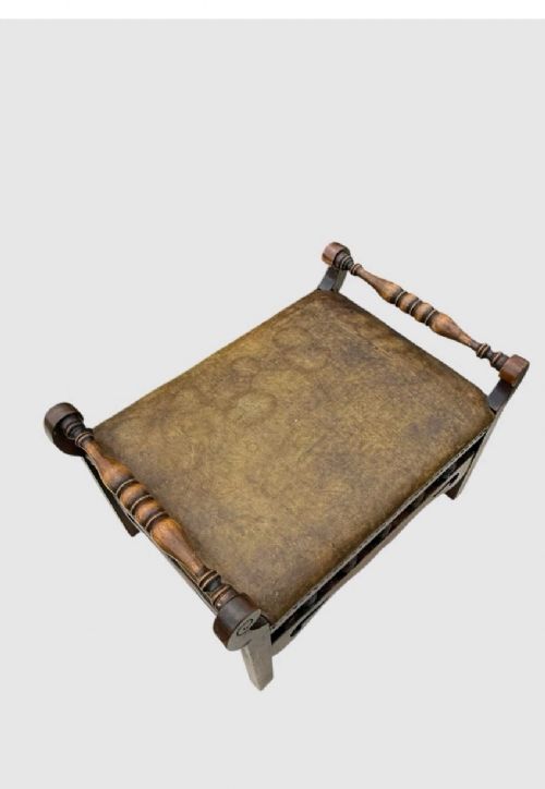 ANTIQUE VICTORIAN OAK STOOL LEATHER UPHOLSTERED SEAT VINTAGE FOOTSTOOL - ADDITIONAL PHOTO 8