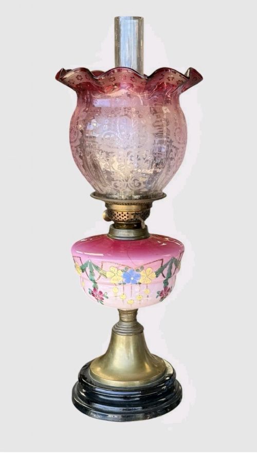 ANTIQUE VICTORIAN CRANBERRY GLASS OIL LAMP HAND PAINTED FONT SHADE - ADDITIONAL PHOTO 5
