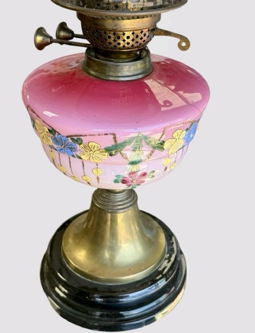 ANTIQUE VICTORIAN CRANBERRY GLASS OIL LAMP HAND PAINTED FONT SHADE - ADDITIONAL PHOTO 7