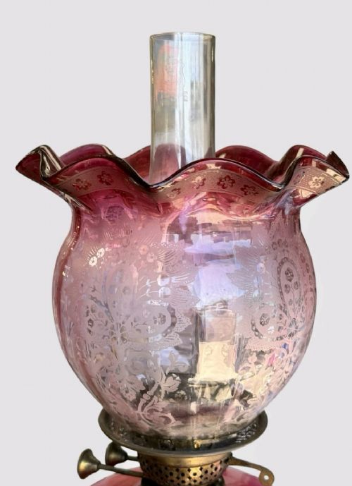 ANTIQUE VICTORIAN CRANBERRY GLASS OIL LAMP HAND PAINTED FONT SHADE - ADDITIONAL PHOTO 8