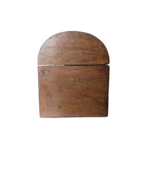 A nineteenth-century dark brown wooden tea caddy featuring a domed lid and a central keyhole. View III