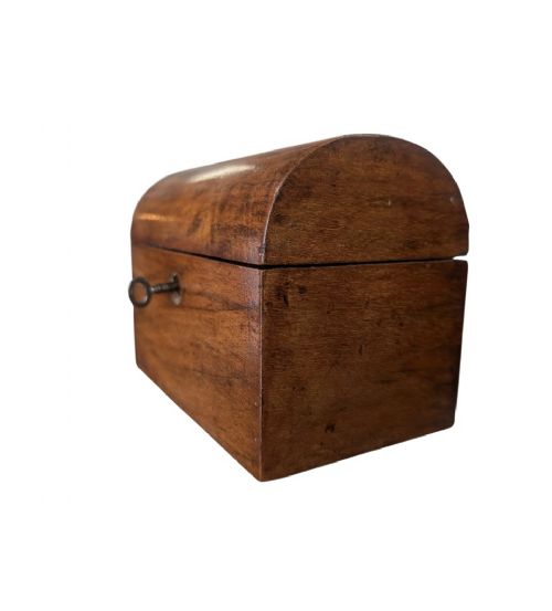 A nineteenth-century dark brown wooden tea caddy featuring a domed lid and a central keyhole. View IV