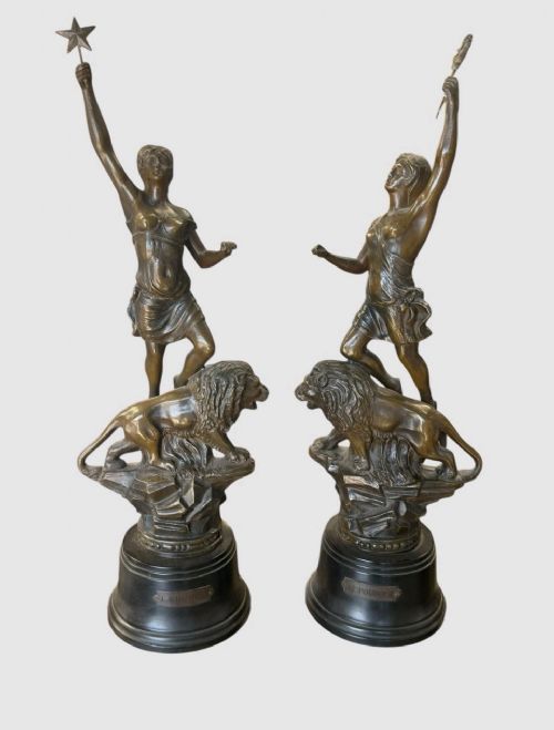 pair antique cast bronze statues figures sculptures ornate patina decorative - CATEGORY: ANTIQUE SCULPTURES - DATED EDWARDIAN