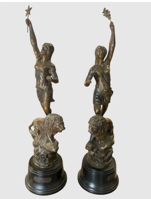 PAIR ANTIQUE CAST BRONZE STATUES FIGURES SCULPTURES ORNATE PATINA DECORATIVE - ADDITIONAL PHOTO 1