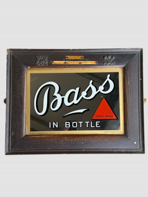 ANTIQUE BASS CO BASS IN BOTTLE PUB ADVERTISING MIRROR SIGN OAK FRAME