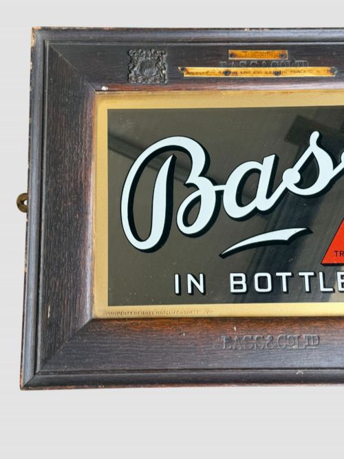 ANTIQUE BASS CO BASS IN BOTTLE PUB ADVERTISING MIRROR SIGN OAK FRAME - ADDITIONAL PHOTO 1
