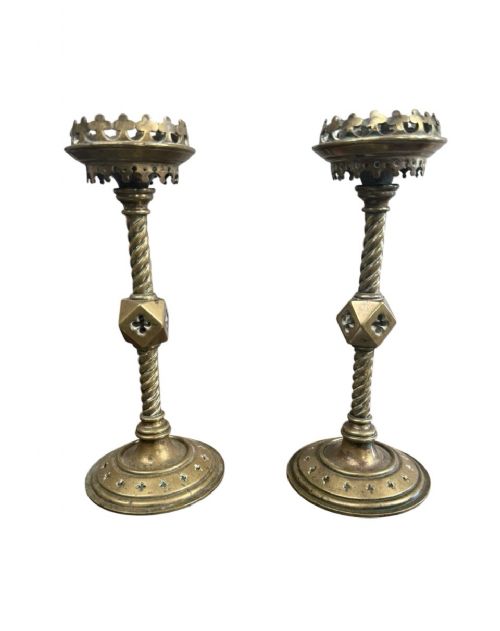 pair antique victorian brass gothic candlesticks church - CATEGORY: ANTIQUE LIGHTING - DATED VICTORIAN