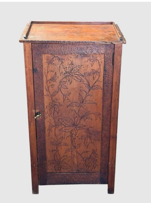 ANTIQUE POKERWORK FLORAL CUPBOARD CABINET HAND CARVED WOODEN STORAGE UNIT