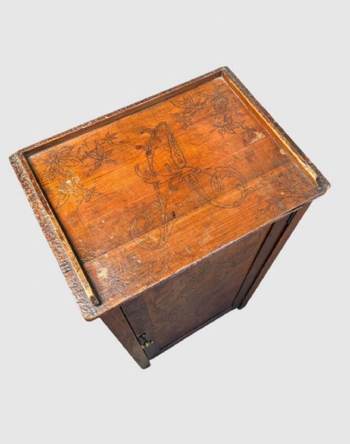 ANTIQUE POKERWORK FLORAL CUPBOARD CABINET HAND CARVED WOODEN STORAGE UNIT - ADDITIONAL PHOTO 2