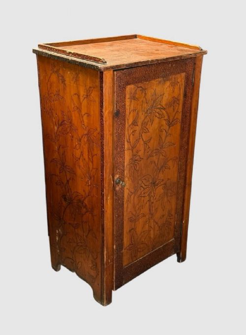 ANTIQUE POKERWORK FLORAL CUPBOARD CABINET HAND CARVED WOODEN STORAGE UNIT - ADDITIONAL PHOTO 3