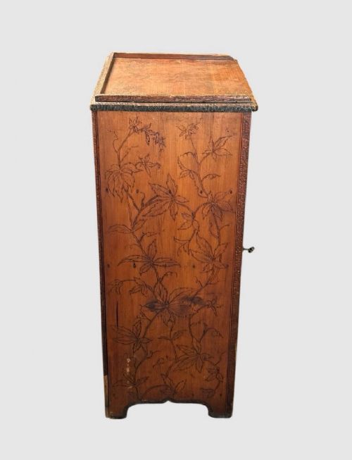 ANTIQUE POKERWORK FLORAL CUPBOARD CABINET HAND CARVED WOODEN STORAGE UNIT - ADDITIONAL PHOTO 4