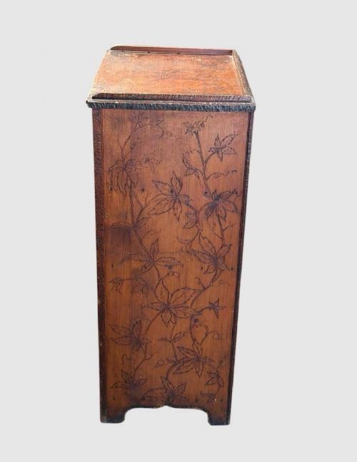 ANTIQUE POKERWORK FLORAL CUPBOARD CABINET HAND CARVED WOODEN STORAGE UNIT - ADDITIONAL PHOTO 6