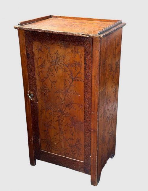 ANTIQUE POKERWORK FLORAL CUPBOARD CABINET HAND CARVED WOODEN STORAGE UNIT - ADDITIONAL PHOTO 7