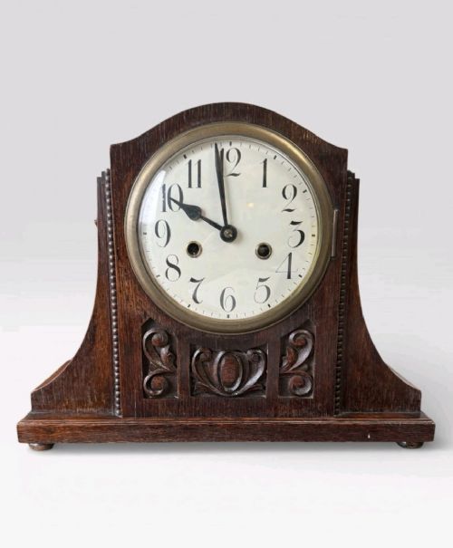 ANTIQUE ART DECO OAK MANTEL CLOCK MECHANICAL VINTAGE 1920S 1930S