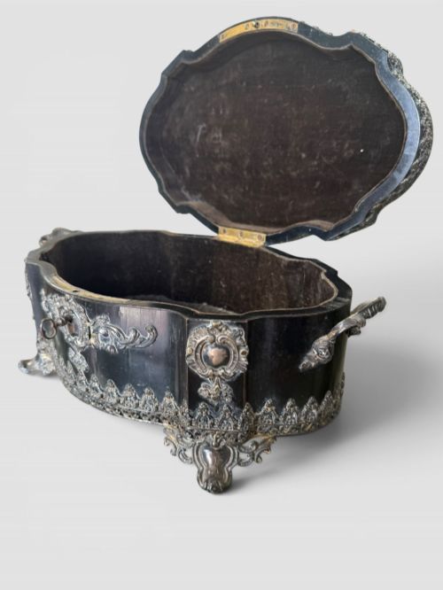 ANTIQUE FRENCH EBONISED SERPENTINE TABLE CASKET JEWELLERY BOX C19TH - ADDITIONAL PHOTO 7