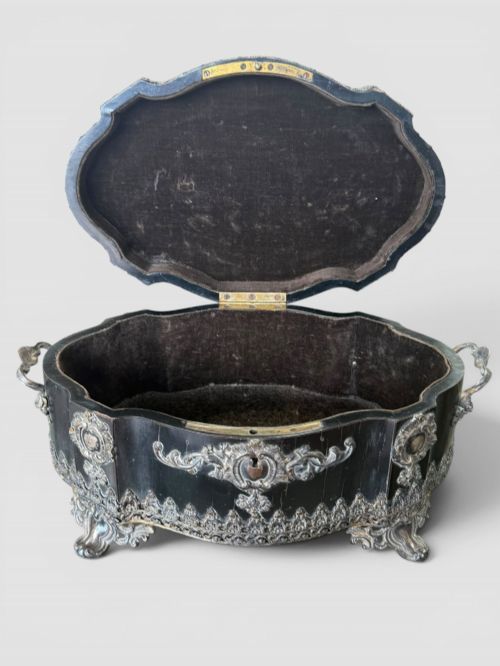 ANTIQUE FRENCH EBONISED SERPENTINE TABLE CASKET JEWELLERY BOX C19TH - ADDITIONAL PHOTO 8