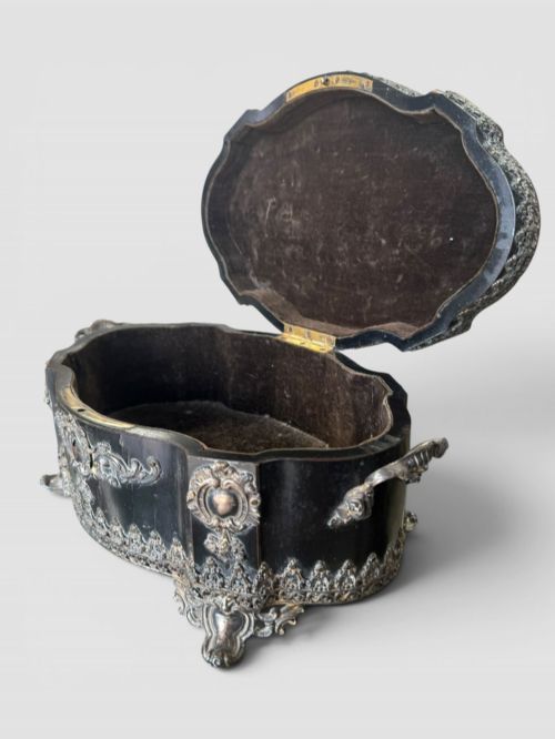 ANTIQUE FRENCH EBONISED SERPENTINE TABLE CASKET JEWELLERY BOX C19TH - ADDITIONAL PHOTO 9