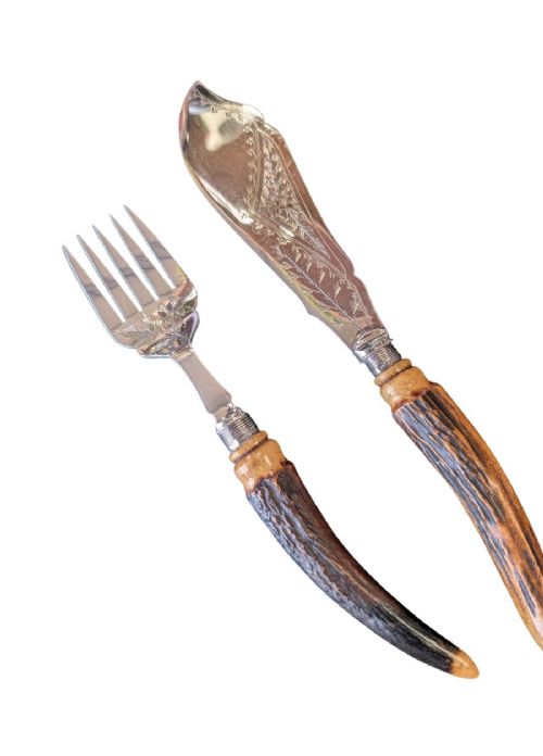 VICTORIAN STAG ANTLER HANDLED FISH SERVING SET WITH STERLING SILVER COLLARS C18901910 - ADDITIONAL PHOTO 3