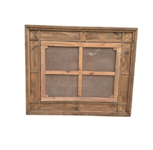 An antique oil painting depicting a detailed still life of grapes and peaches on a dark background, set within an ornate carved giltwood frame. View VI