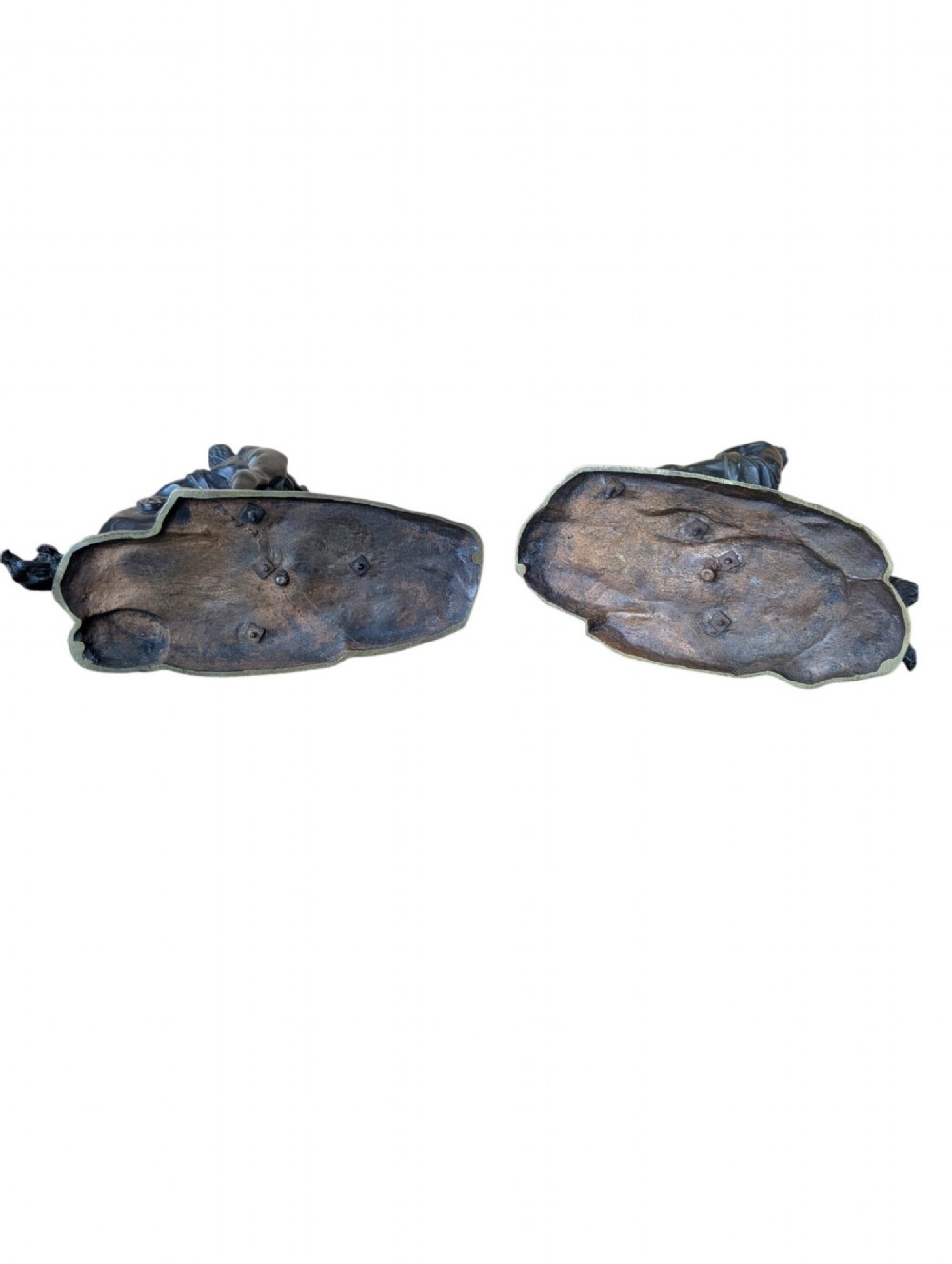 A pair of dark bronze sculptures depicting rearing horses restrained by standing grooms on naturalistic rock bases. View XII