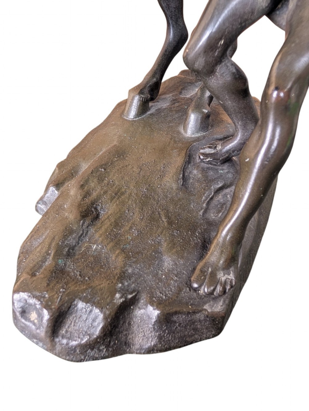 A pair of dark bronze sculptures depicting rearing horses restrained by standing grooms on naturalistic rock bases. View XIII