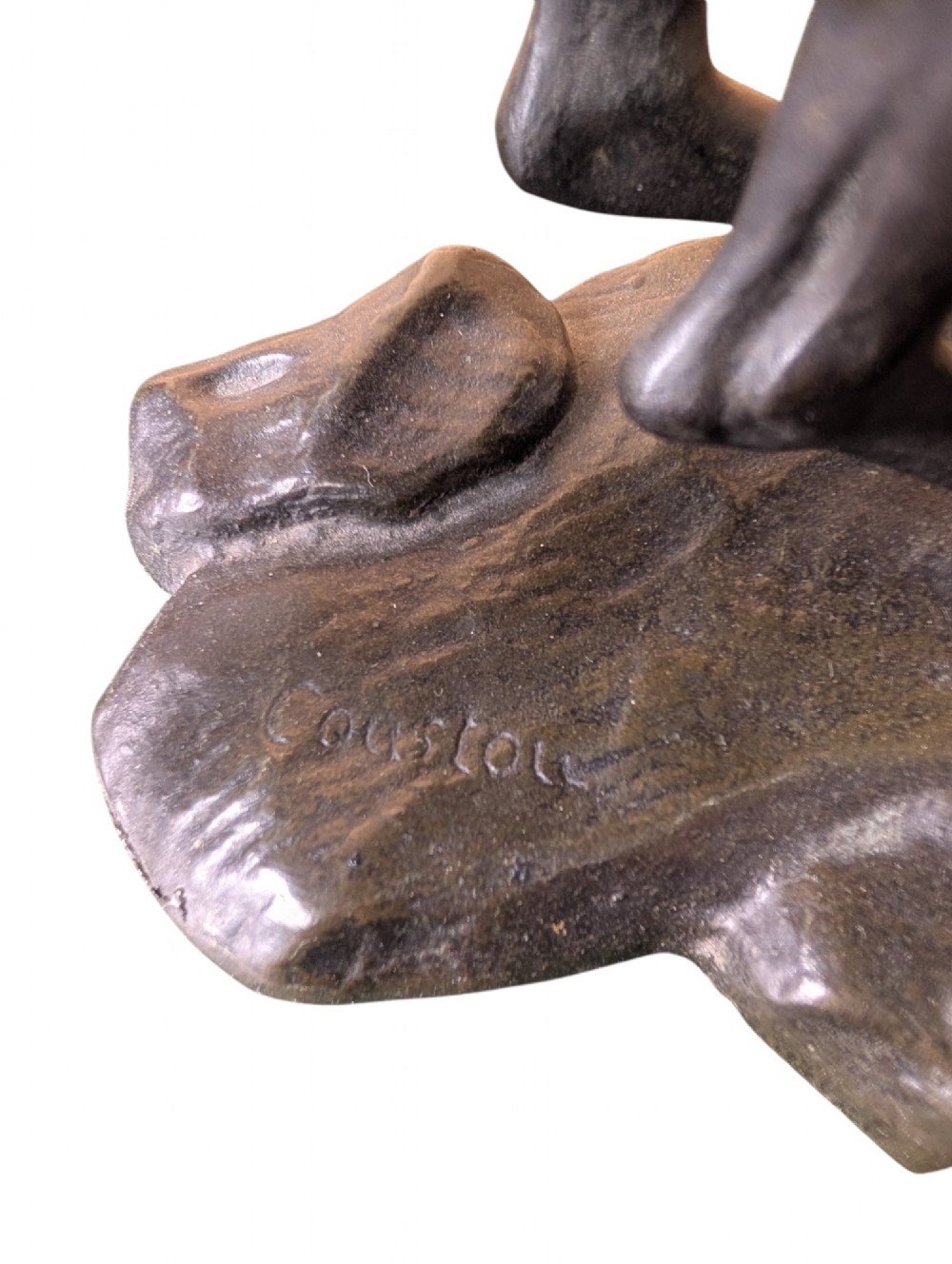 A pair of dark bronze sculptures depicting rearing horses restrained by standing grooms on naturalistic rock bases. View XIV