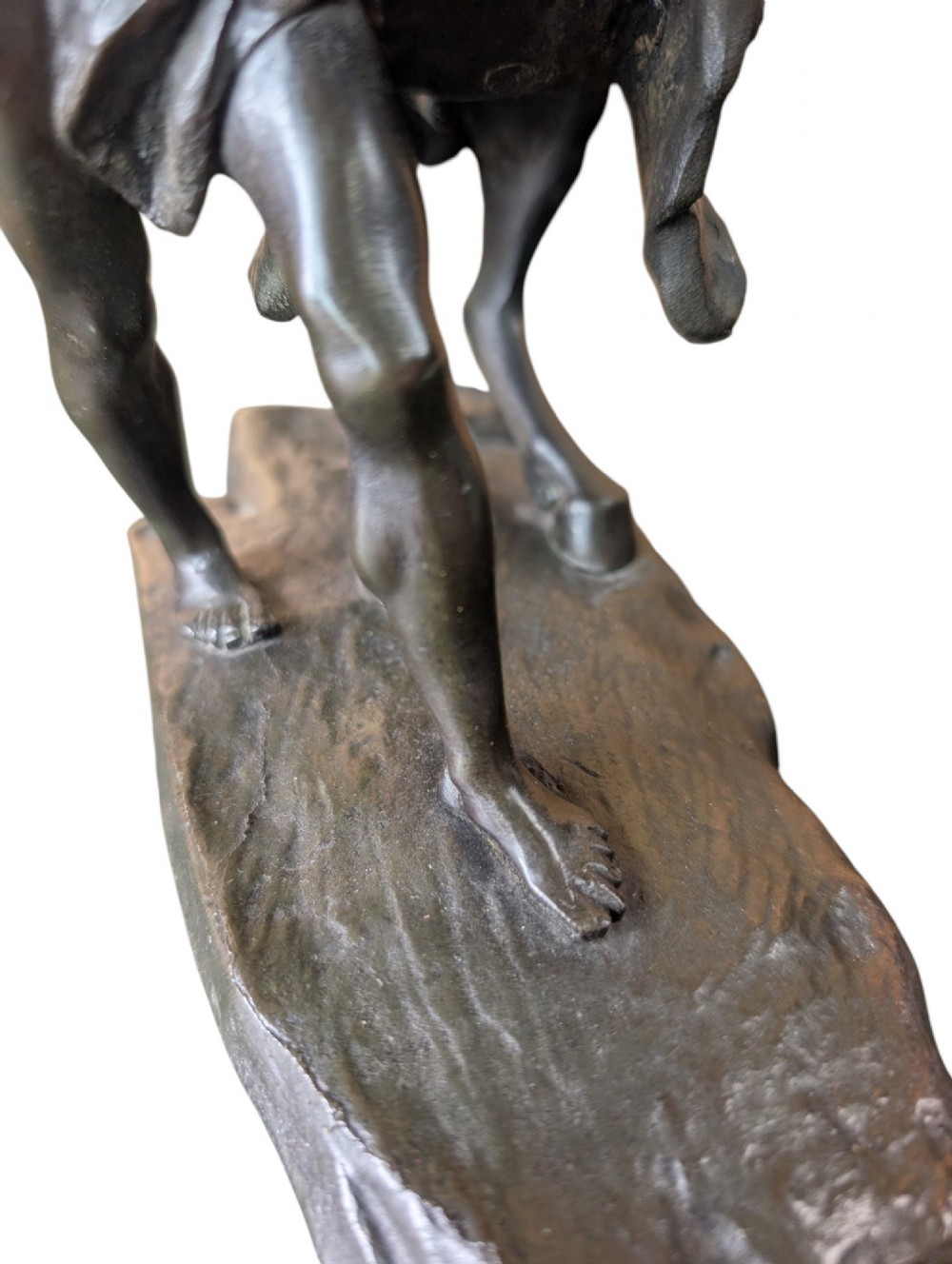 A pair of dark bronze sculptures depicting rearing horses restrained by standing grooms on naturalistic rock bases. View XV
