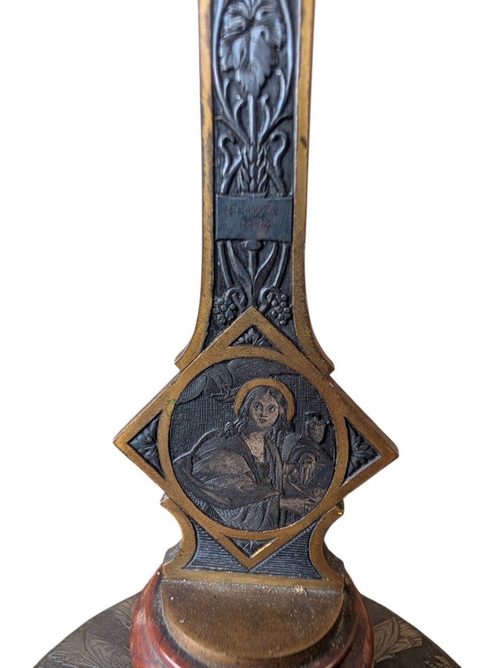 A pair of French Art Nouveau standing altar crucifixes in dark bronze and brass mounted on rounded red marble bases. View III