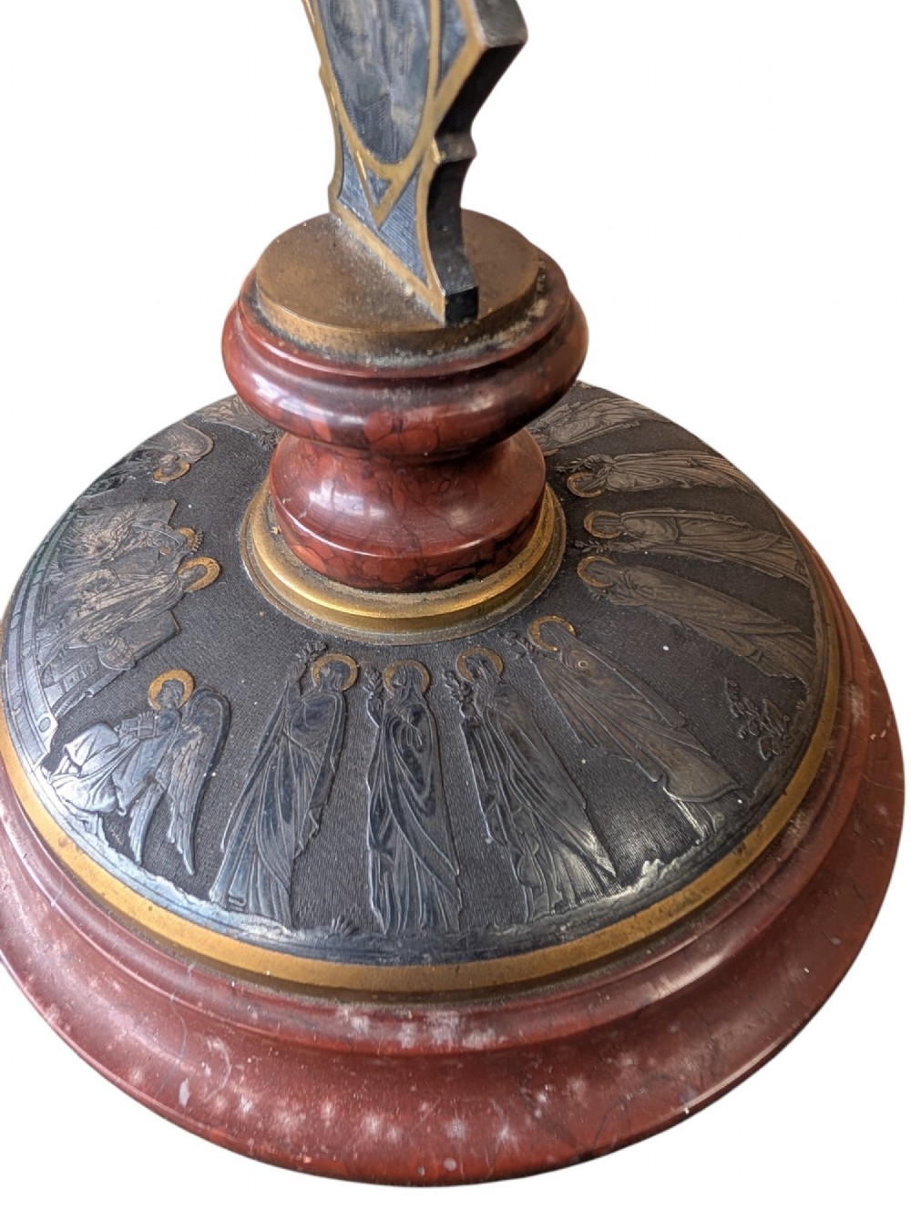 A pair of French Art Nouveau standing altar crucifixes in dark bronze and brass mounted on rounded red marble bases. View IV