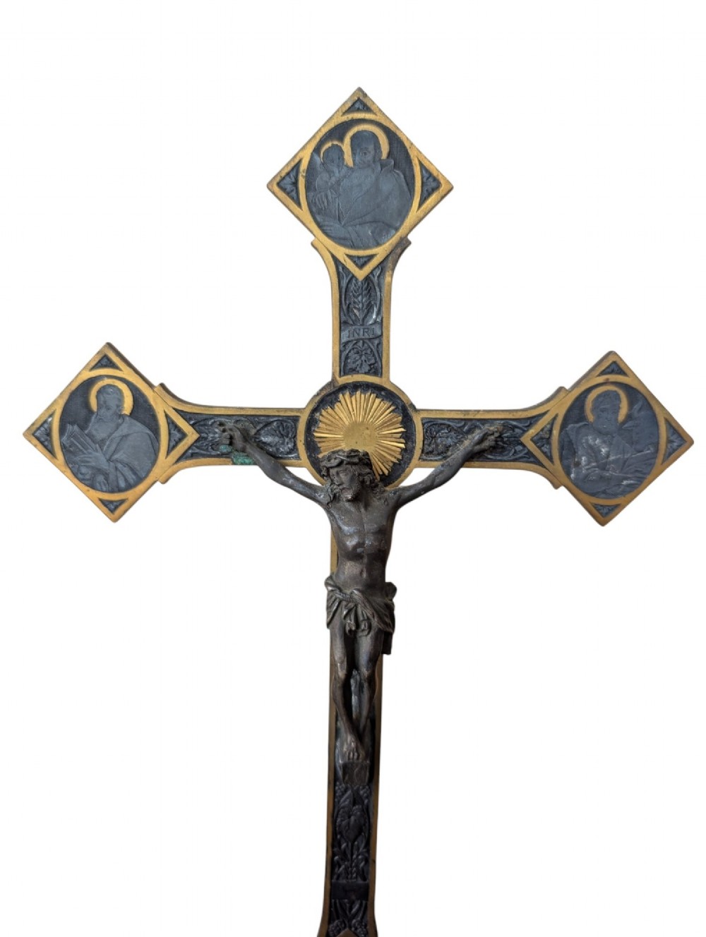 A pair of French Art Nouveau standing altar crucifixes in dark bronze and brass mounted on rounded red marble bases. View V