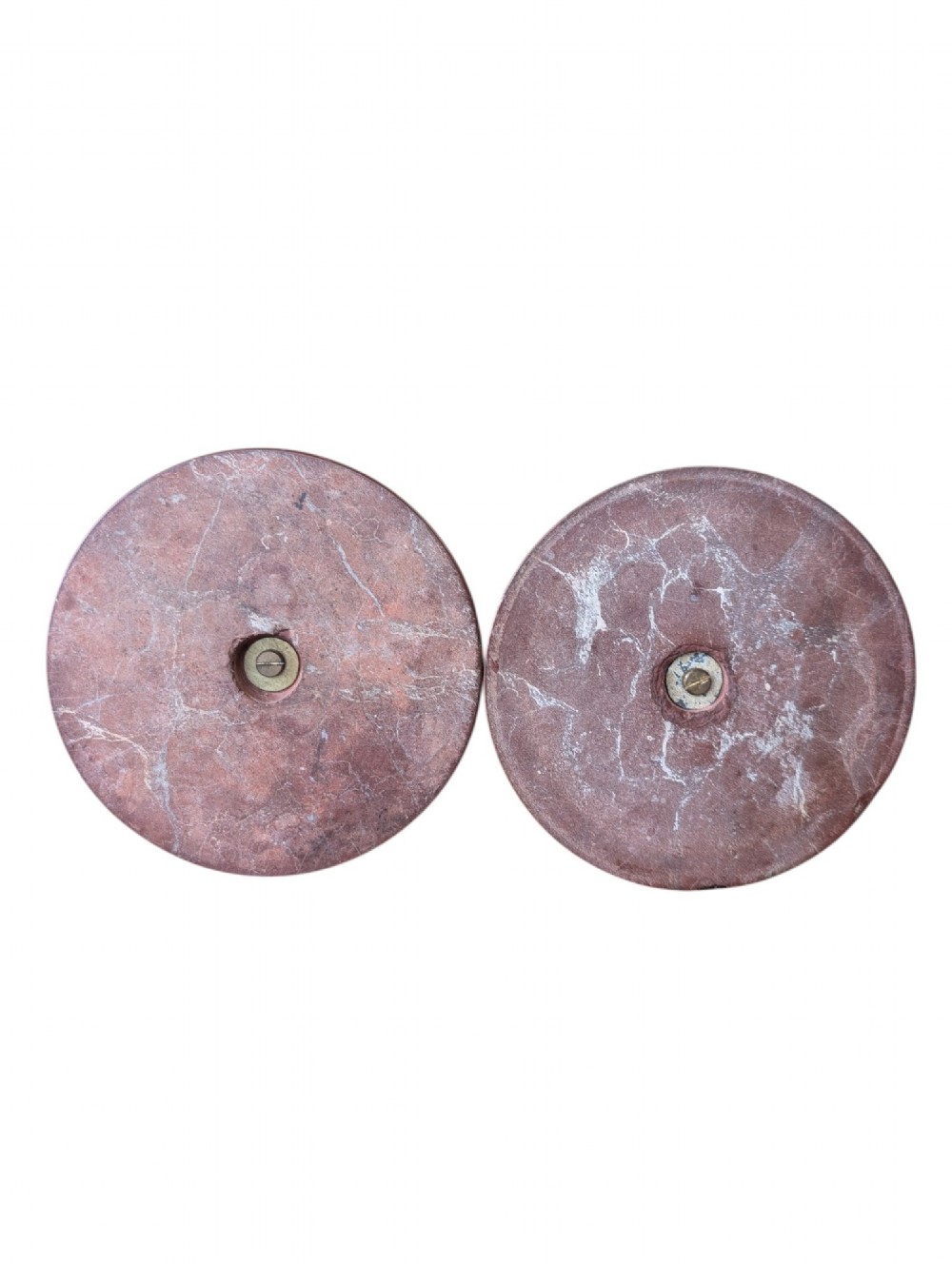 A pair of French Art Nouveau standing altar crucifixes in dark bronze and brass mounted on rounded red marble bases. View VI