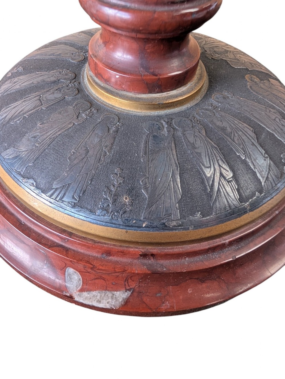 A pair of French Art Nouveau standing altar crucifixes in dark bronze and brass mounted on rounded red marble bases. View VII