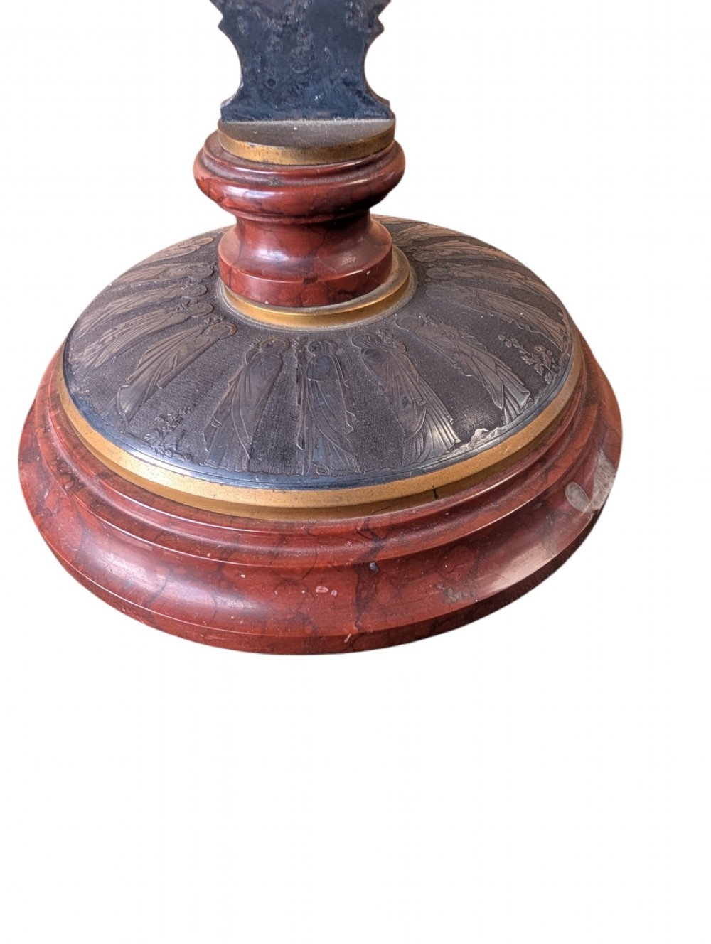 A pair of French Art Nouveau standing altar crucifixes in dark bronze and brass mounted on rounded red marble bases. View X