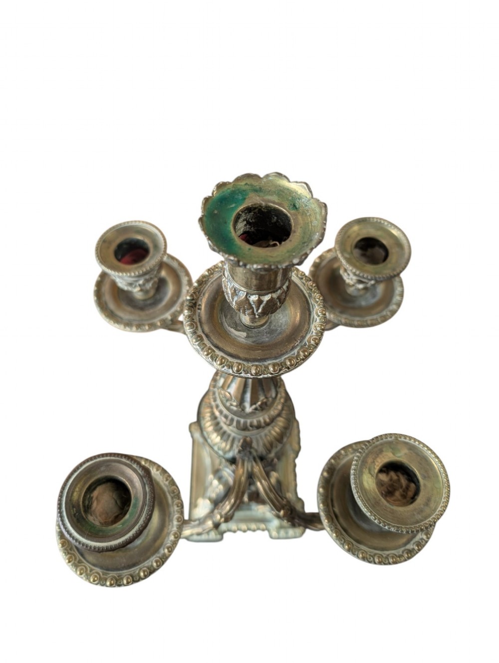 A matching pair of ornate late 19th-century patinated bronze five-light candelabra featuring lion mask motifs, scrollwork arms, and pierced decorative bases. View IX