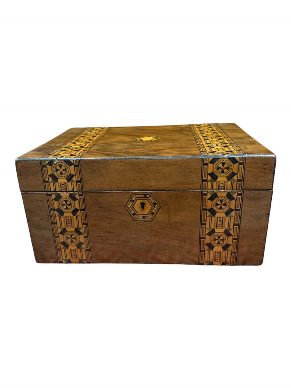 An open antique Victorian wooden sewing box featuring geometric Tunbridge ware mosaic inlay and a red ruched silk interior with removable tray compartments. View IV