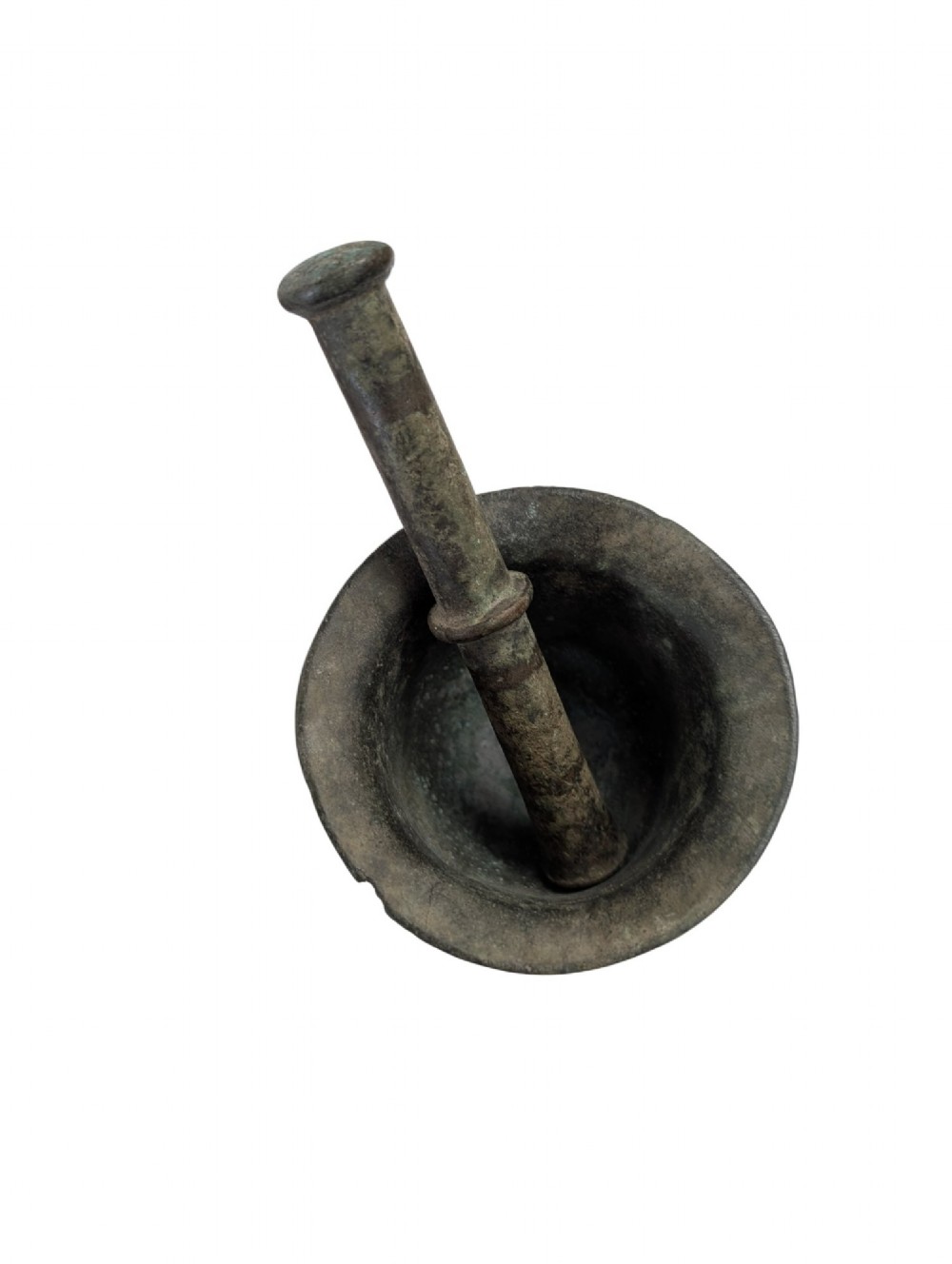 An antique cast bronze mortar and pestle displaying an aged surface patina with a flared rim and turned central ridge.