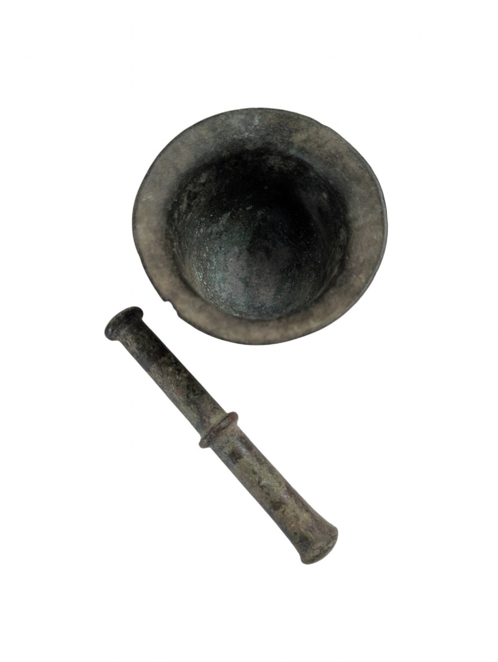 An antique cast bronze mortar and pestle displaying an aged surface patina with a flared rim and turned central ridge. View II