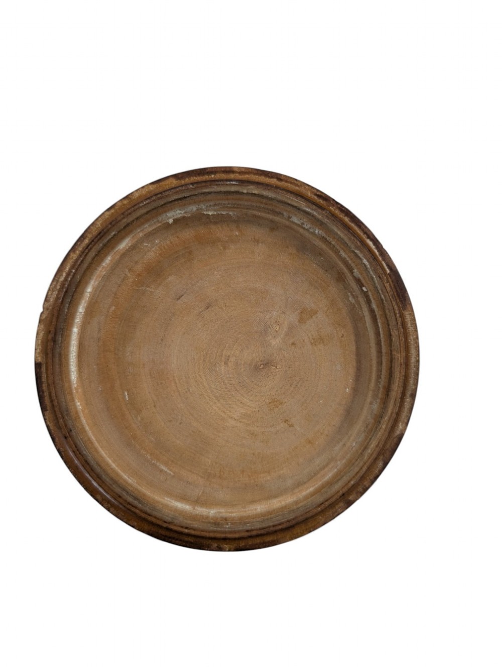 A 19th-century turned boxwood cylindrical container featuring a fitted lid decorated with concentric painted rings and a naturally aged finish. View IV