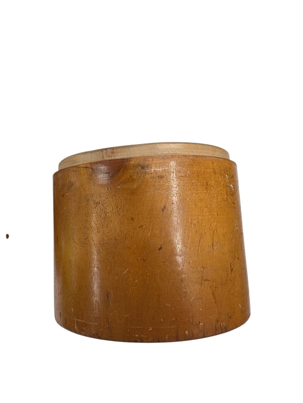 A 19th-century turned boxwood cylindrical container featuring a fitted lid decorated with concentric painted rings and a naturally aged finish. View V