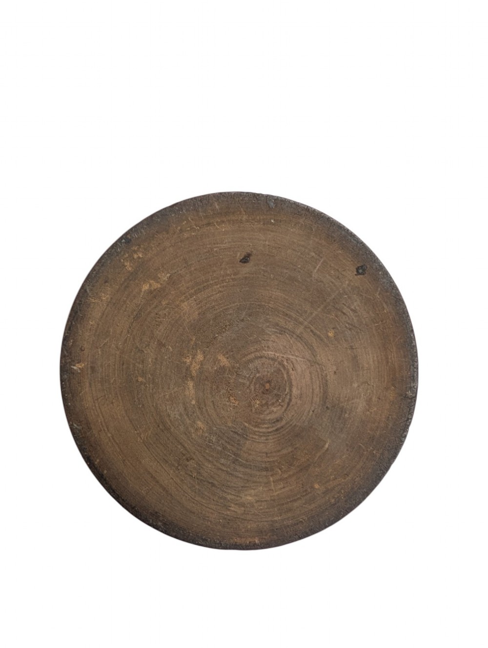 A 19th-century turned boxwood cylindrical container featuring a fitted lid decorated with concentric painted rings and a naturally aged finish. View VI