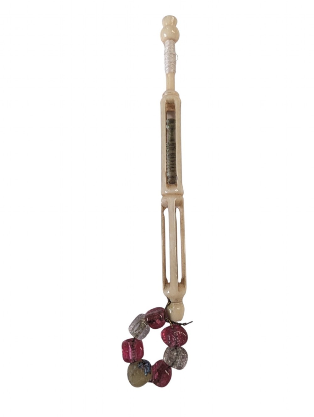 Three turned antique lace bobbins crafted from bone and wood, each featuring decorative wire-bound glass bead spangles. View II